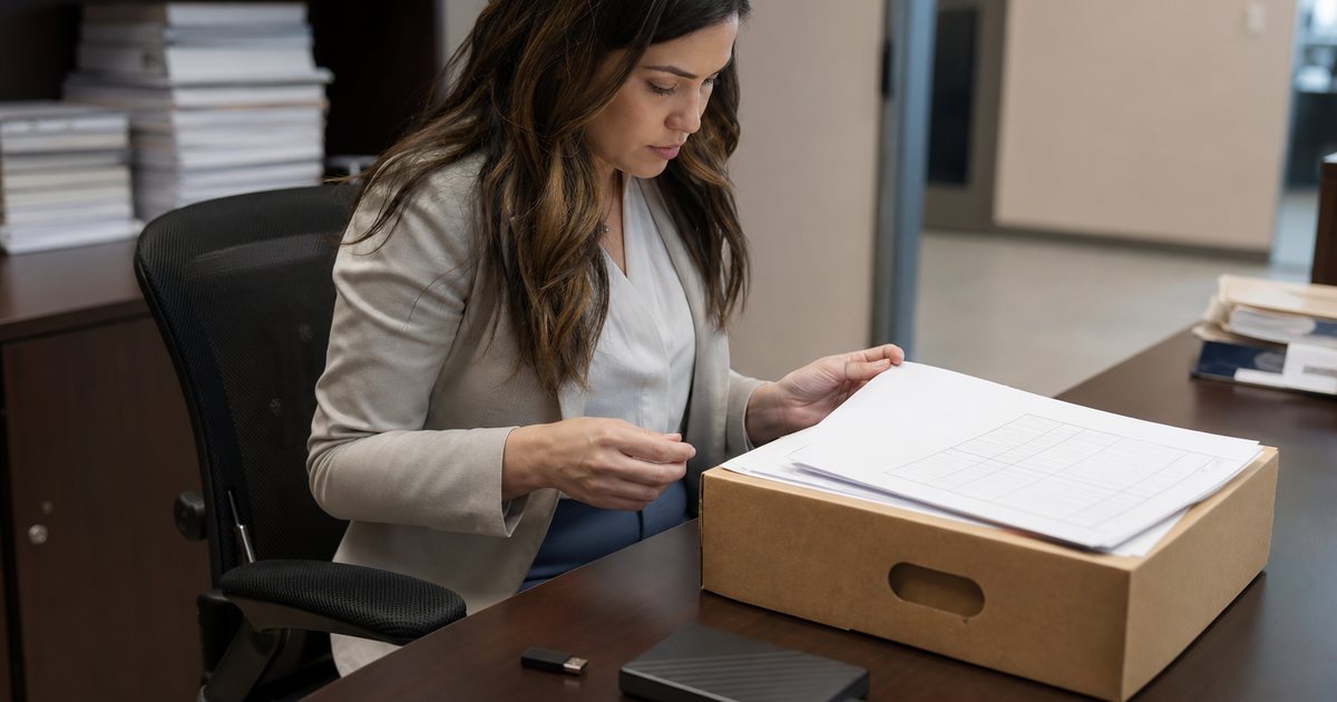 A paralegal at a desk with a USB drive and an external hard drive beside a labeled evidence box, a printed cover sheet placed on top, fluorescent office lighting