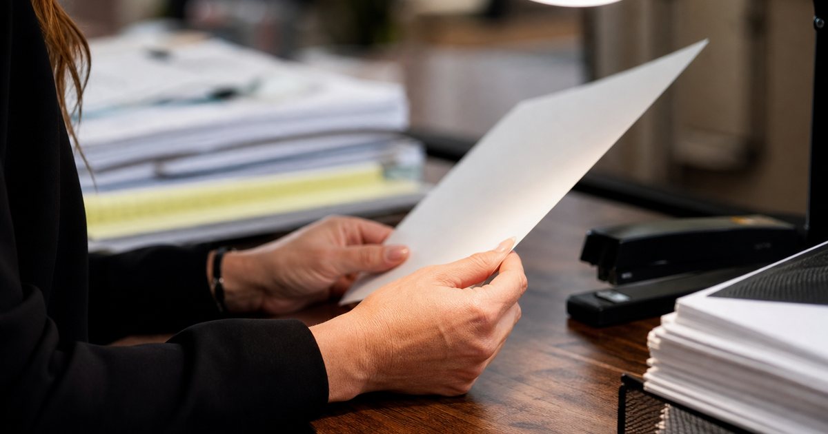 Close-up of a paralegal's hands holding a printed legal document over a wooden desk, examining the bottom corner of the page under a desk lamp, stacks of paper and a stapler nearby