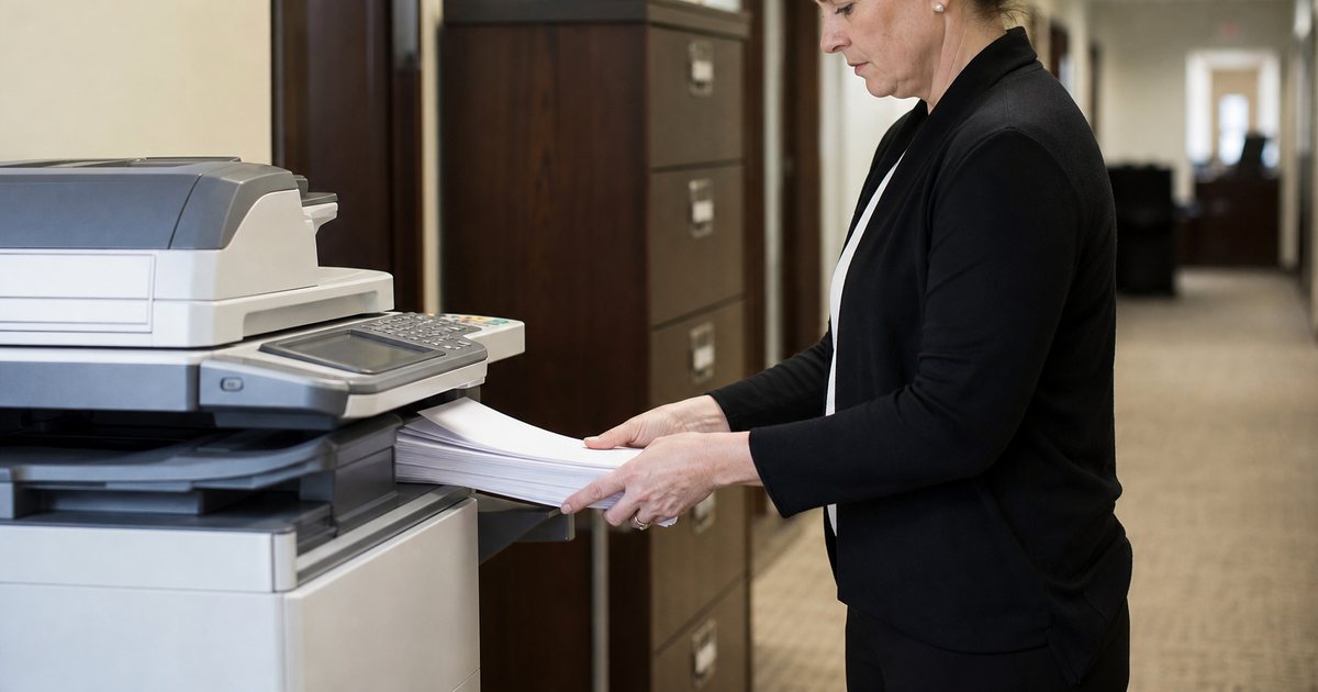 An office worker feeding a stack of paper into a multifunction copier in a law office hallway, bright overhead lighting, a filing cabinet in the background