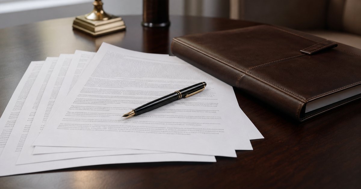 A lawyer's desk with several printed contract drafts fanned out, a fountain pen resting on the top copy, and a leather portfolio, natural window light in a quiet office