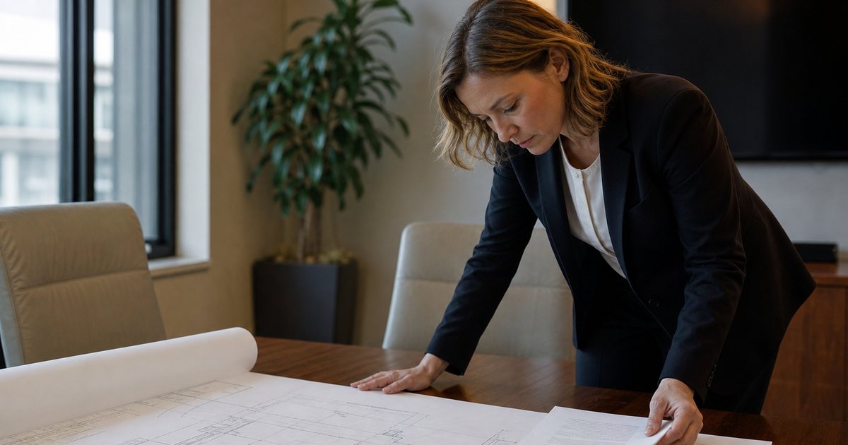 A large architectural drawing unrolled on a conference table beside a stack of standard letter-size printed pages, an attorney in a blazer leaning over to compare the two, office window light