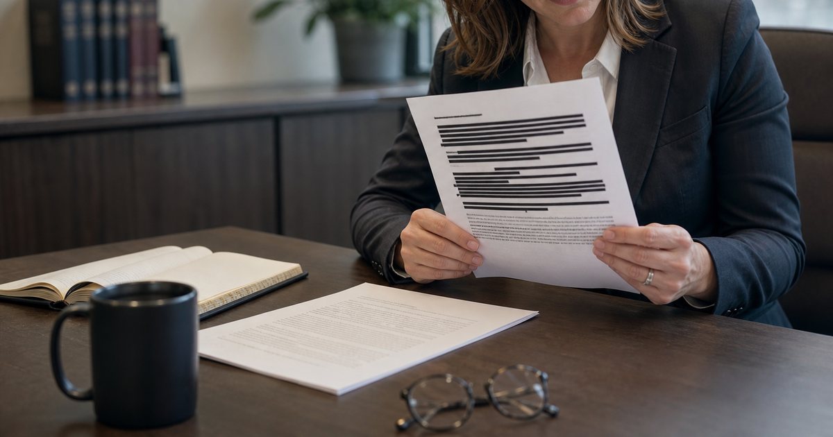 An attorney at a desk holding a printed page with black marker redaction bars, a second unmarked copy beside it, a coffee mug and reading glasses on the desk