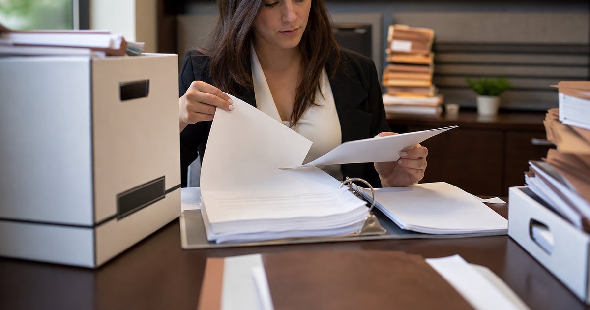 A legal assistant removing a single page from a thick binder on a desk and inserting a replacement sheet, banker's boxes and file folders stacked around, warm office lighting