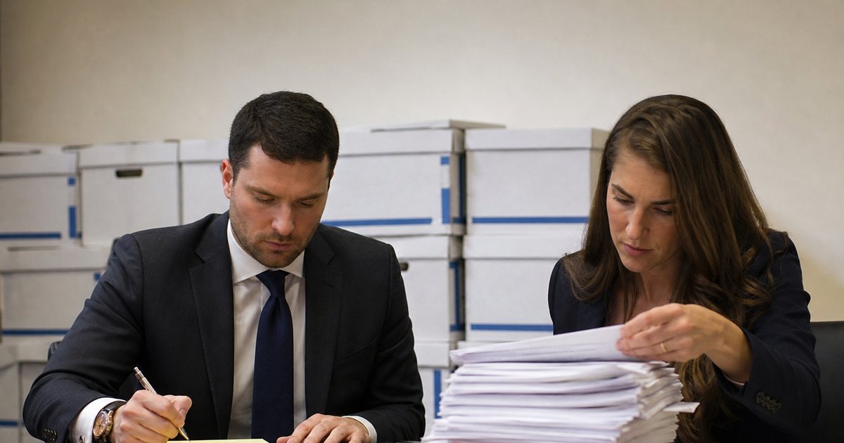 Two attorneys reviewing a tall stack of paper documents at a conference table, one writing on a legal pad, banker's boxes lined against the wall behind them